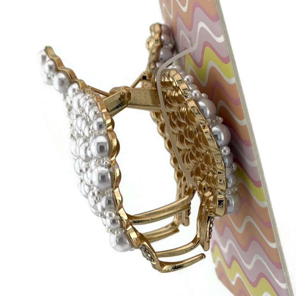 Piper K Sheep Hair Claw Clip Gold Tone Silver Rhinestones Faux Pearl